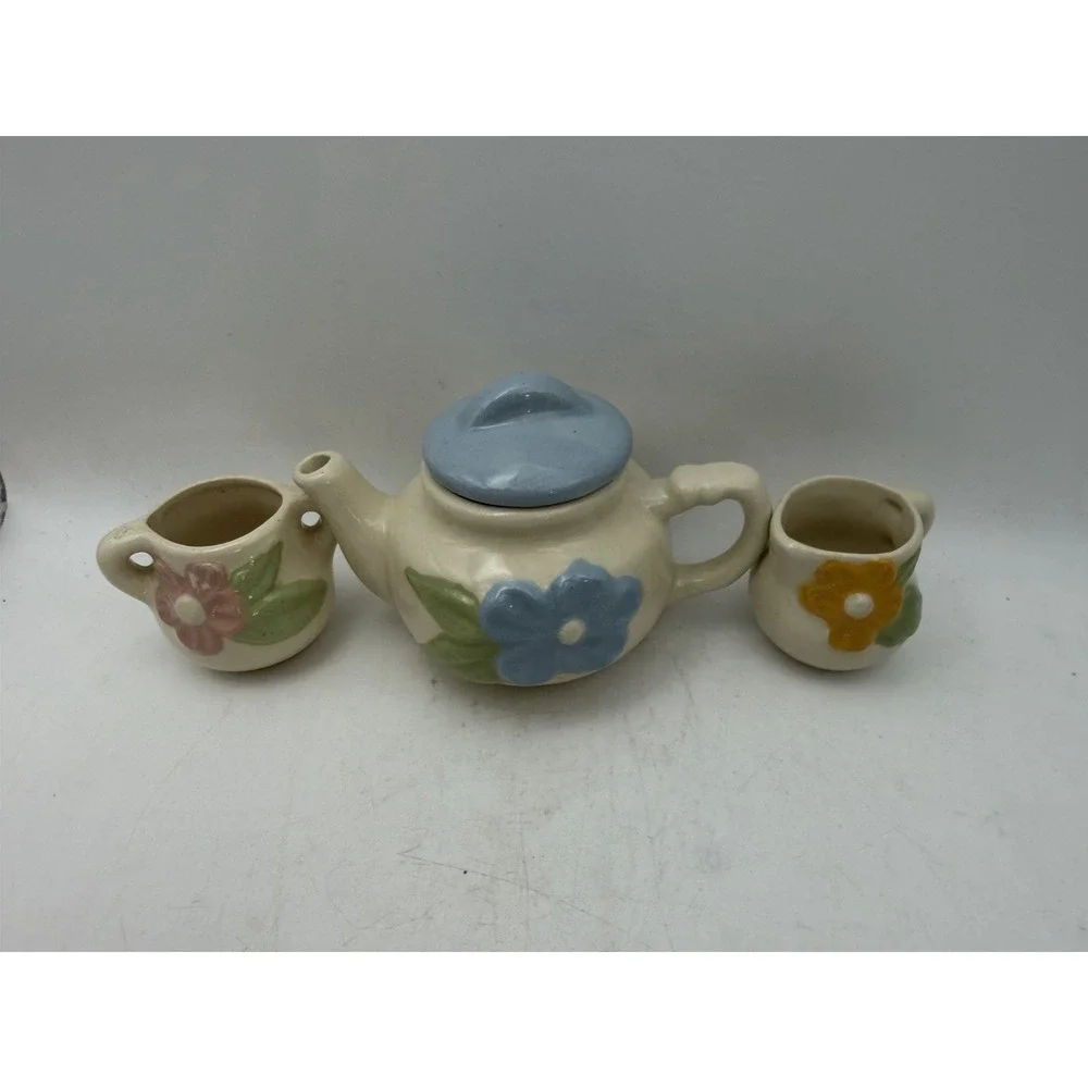 Vintage Child's Miniature Ceramic Tea Set Teapot Creamer Sugar Floral 3 Pc